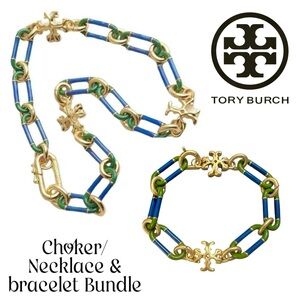 TORY BURCH Blue/Green Roxanne Chainlink Choker/Necklace & Bracelet Bundle.